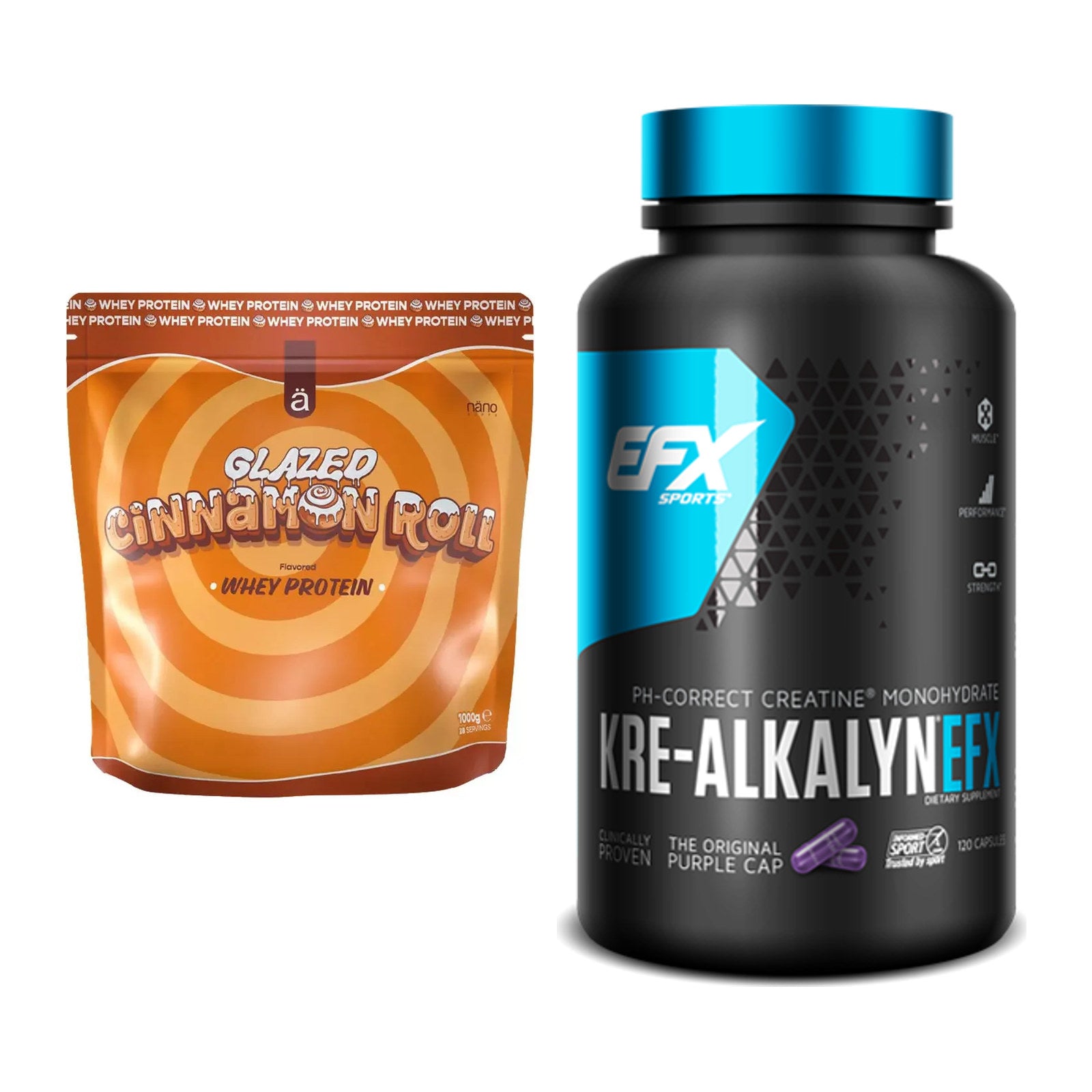 Muskelaufbau-Set: Nanosupps Whey Protein + EFX Kre-Alkalyn – alle enthaltenen Artikel