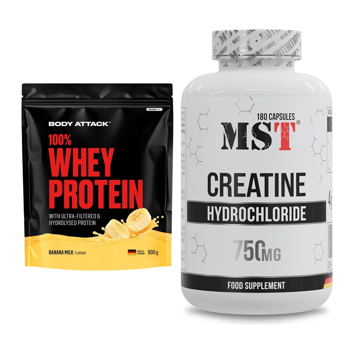 Muskelaufbau-Set: Body Attack 100% Whey Protein + MST Creatine HCL – alle enthaltenen Artikel