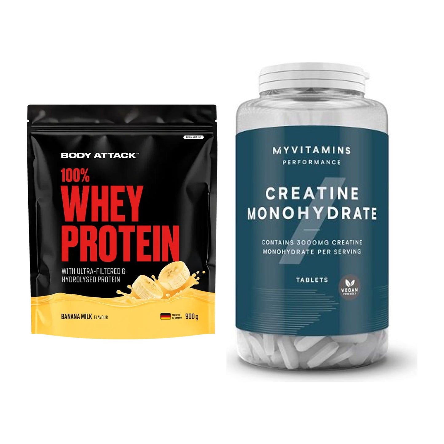 Muskelaufbau-Set: Body Attack 100% Whey + MyProtein MyVitamins – alle enthaltenen Artikel