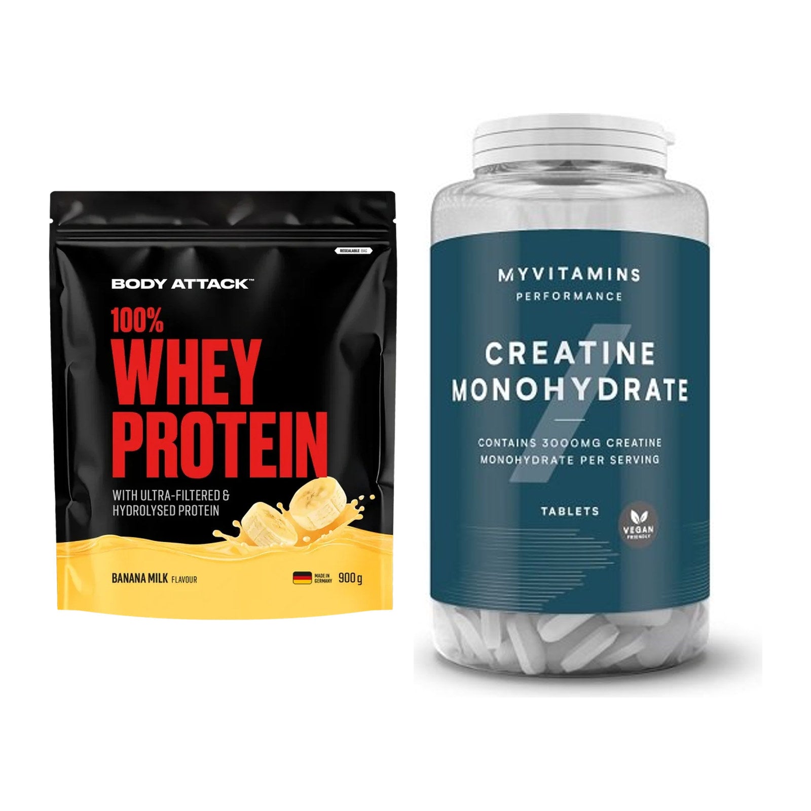 Muskelaufbau-Set: Body Attack 100% Whey + MyProtein MyVitamins – alle enthaltenen Artikel