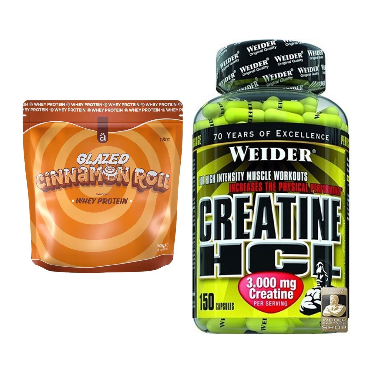 Muskelaufbau-Set: Nanosupps Whey Protein + Weider Creatin HCL – alle enthaltenen Artikel