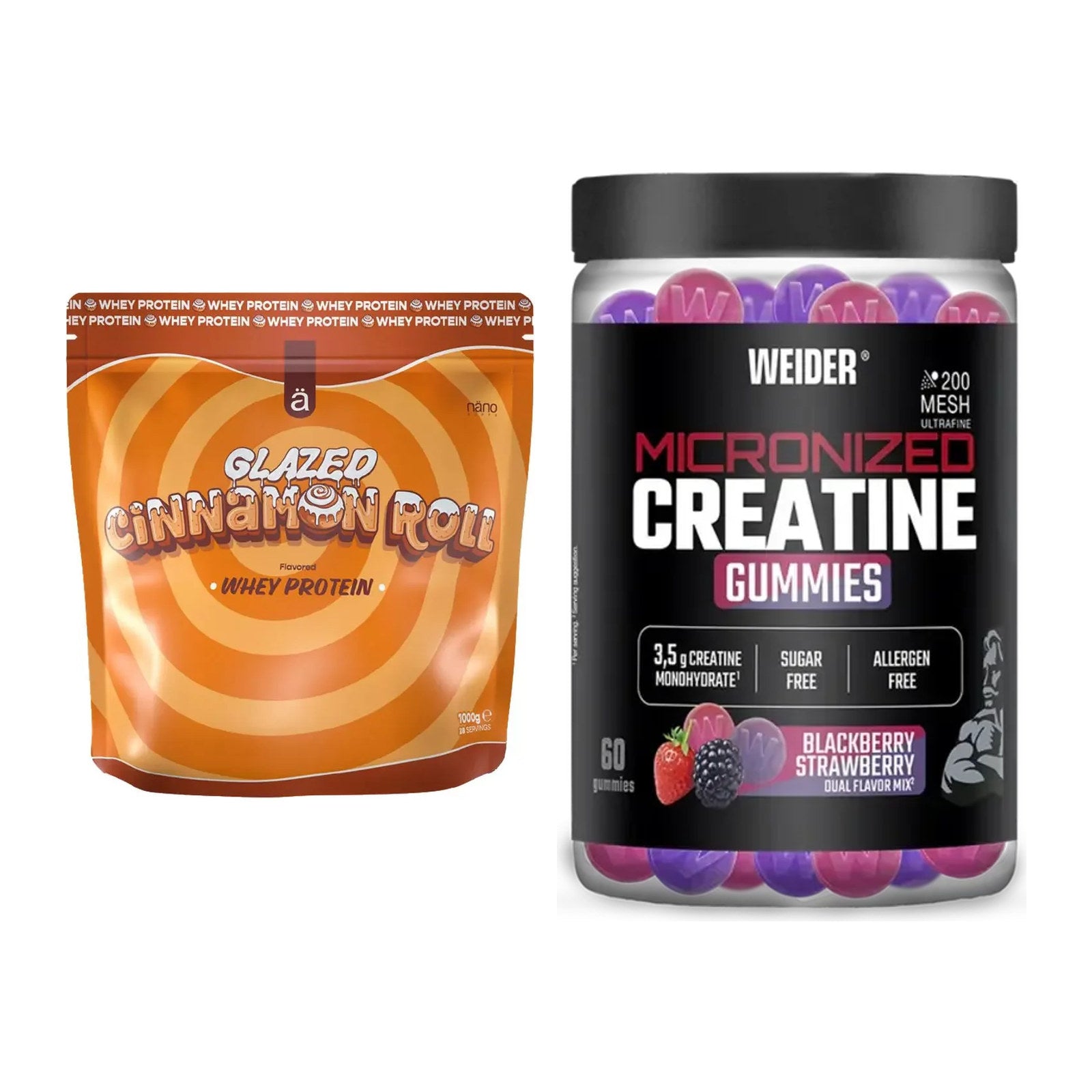 Muskelaufbau-Set: Nanosupps Whey Protein + Weider Micronized – alle enthaltenen Artikel