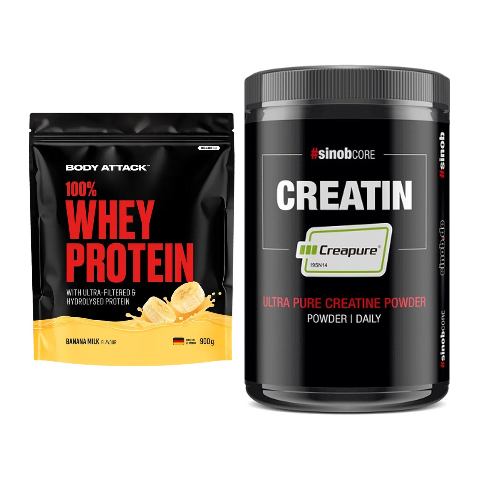 Muskelaufbau-Set: Body Attack 100% Whey + Sinob Creatin CREAPURE – alle enthaltenen Artikel
