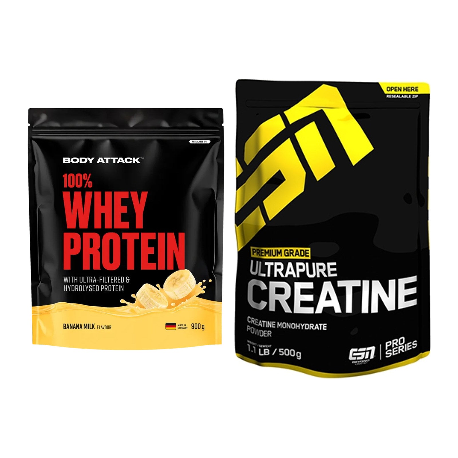 Muskelaufbau-Set: Body Attack 100% Whey + ESN Ultrapure Creatine – alle enthaltenen Artikel