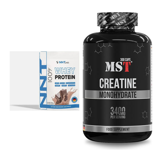 Σετ μυϊκής ενίσχυσης: NNT Whey 450g (φράουλα) + MST Creatine Monohydrate - περιλαμβάνονται όλα τα είδη