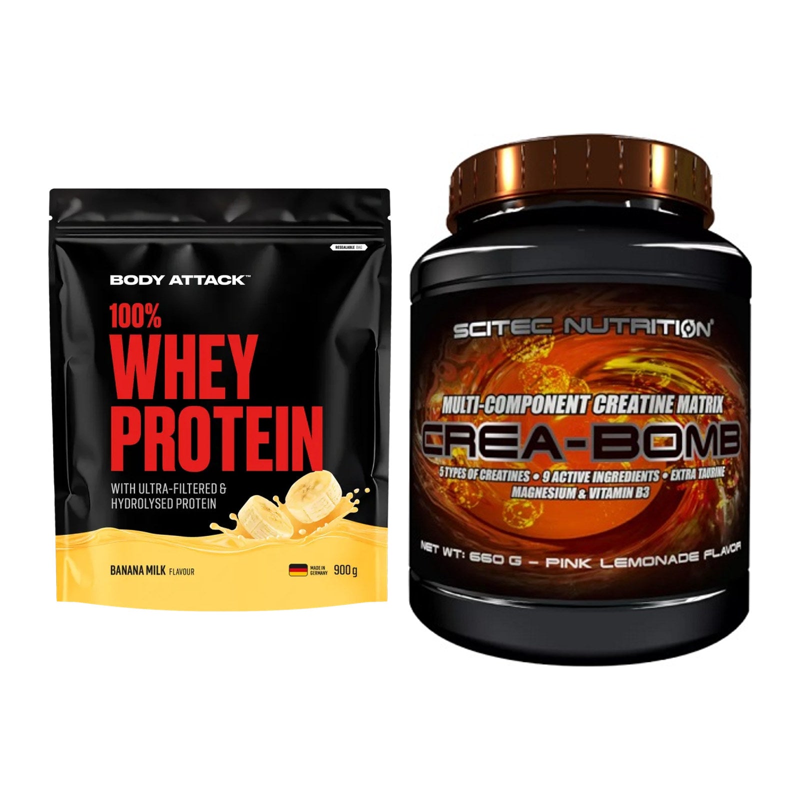 Muskelaufbau-Set: Body Attack 100% Whey Protein + Scitec Crea-Bomb – alle enthaltenen Artikel