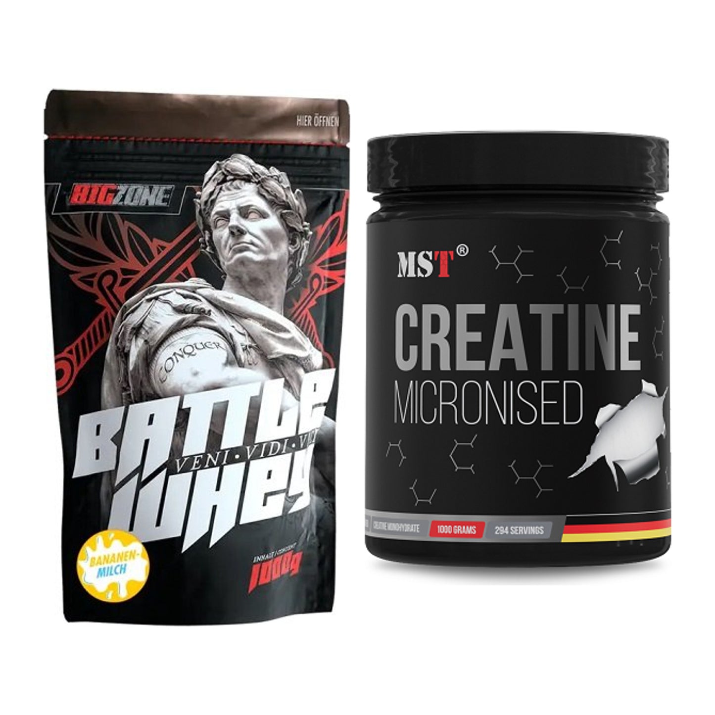 Muskelaufbau-Set: Big Zone Battle Whey 1000g + MST Creatin Monohydrate – alle enthaltenen Artikel