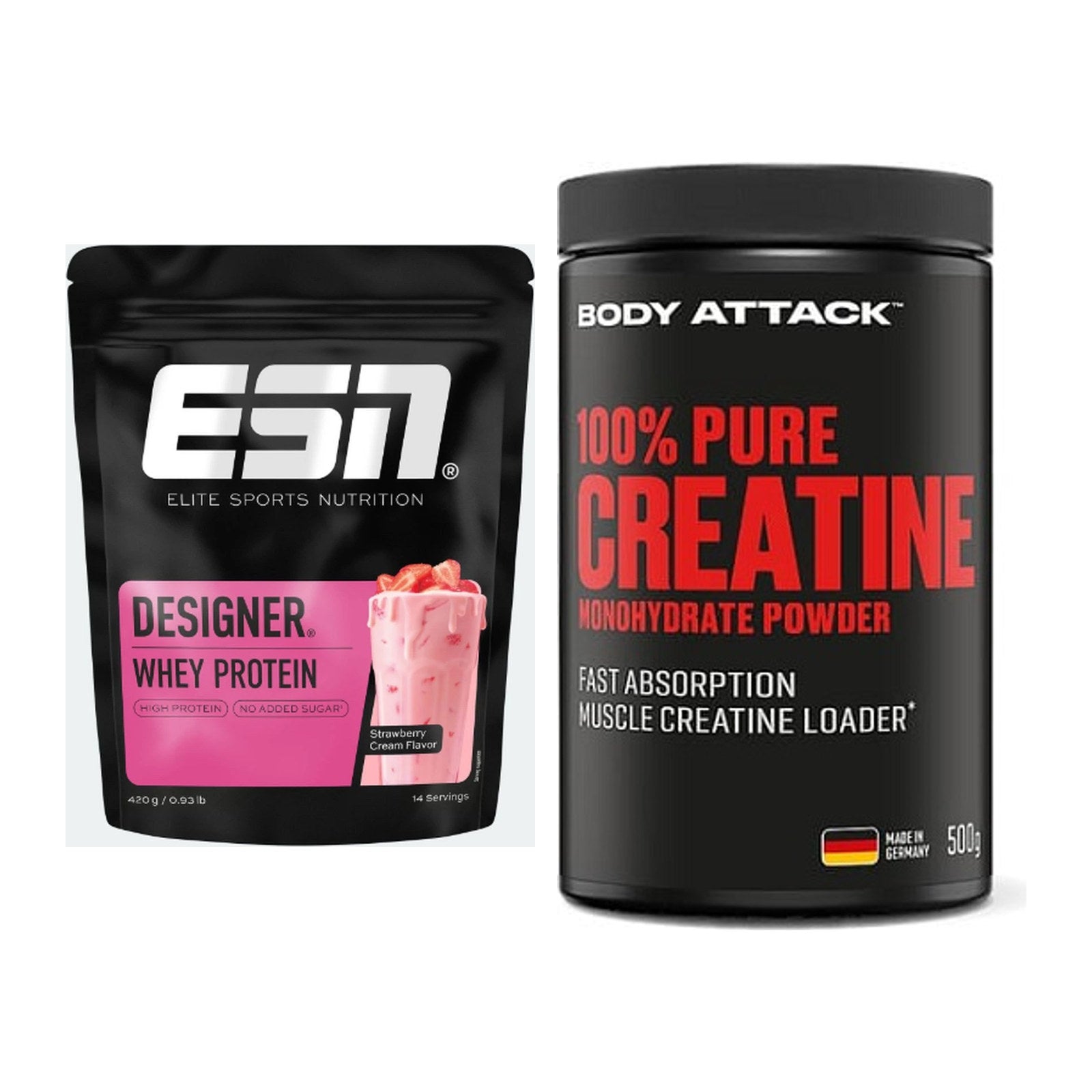 Muskelaufbau-Set: ESN Designer Whey + Body Attack 100% Pure Creatine – alle enthaltenen Artikel