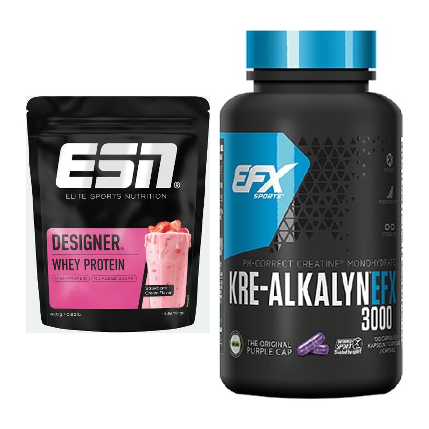 Muskelaufbau-Set: ESN Designer Whey + EFX Kre-Alkalyn 3000 – alle enthaltenen Artikel