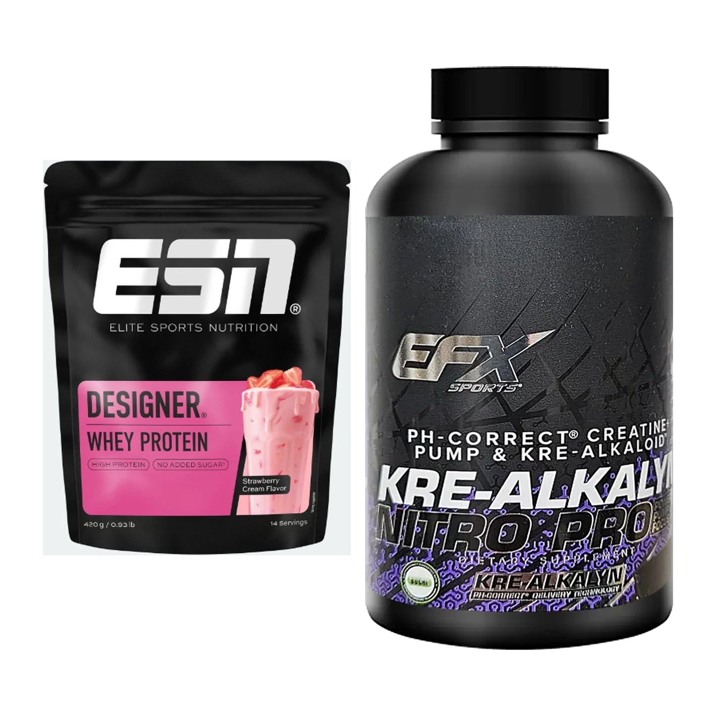 Muskelaufbau-Set: ESN Designer Whey 420g + EFX Kre-Alkalyn Nitro – alle enthaltenen Artikel