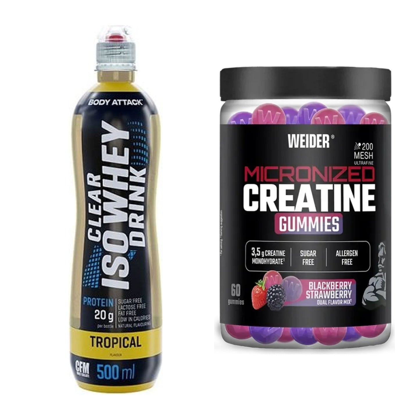 Muskelaufbau-Set: Body Attack Clear Iso + Weider Micronized – alle enthaltenen Artikel