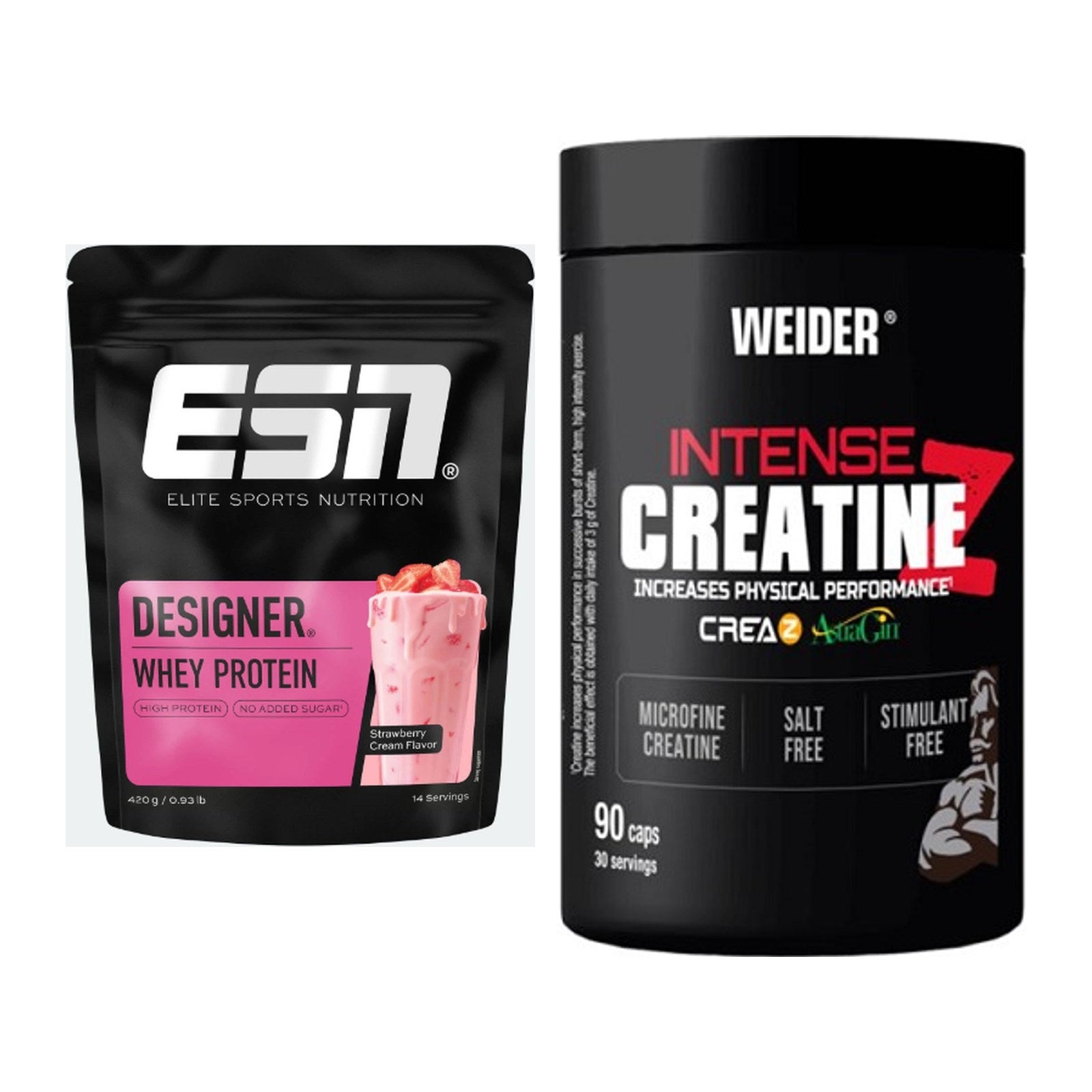 Muskelaufbau-Set: ESN Designer Whey + Weider Intense Pure Creatine – alle enthaltenen Artikel