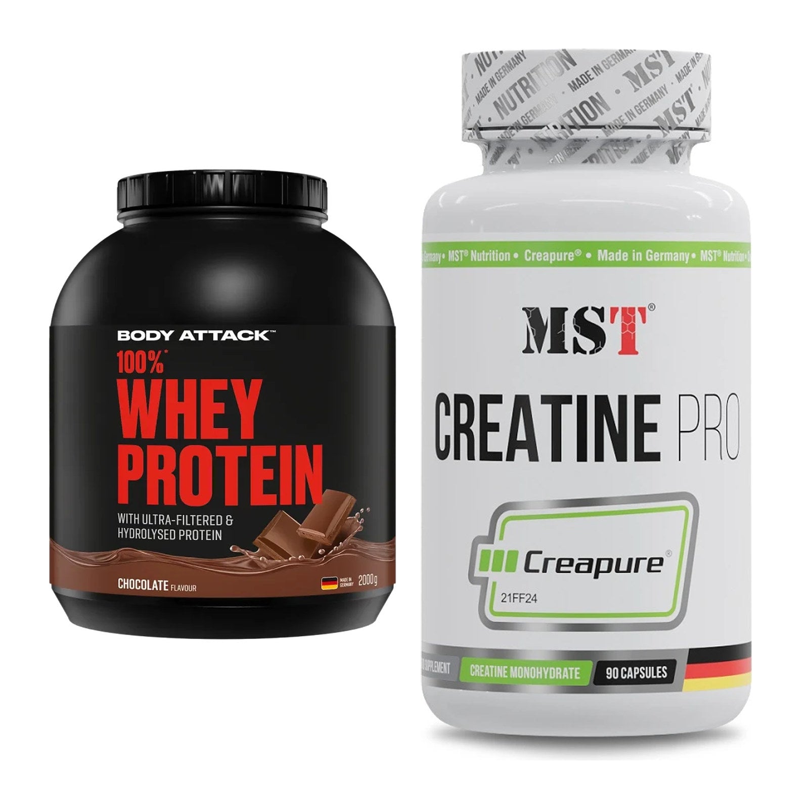 Muskelaufbau-Set: Body Attack 100% Whey + MST Creatine Pro – alle enthaltenen Artikel