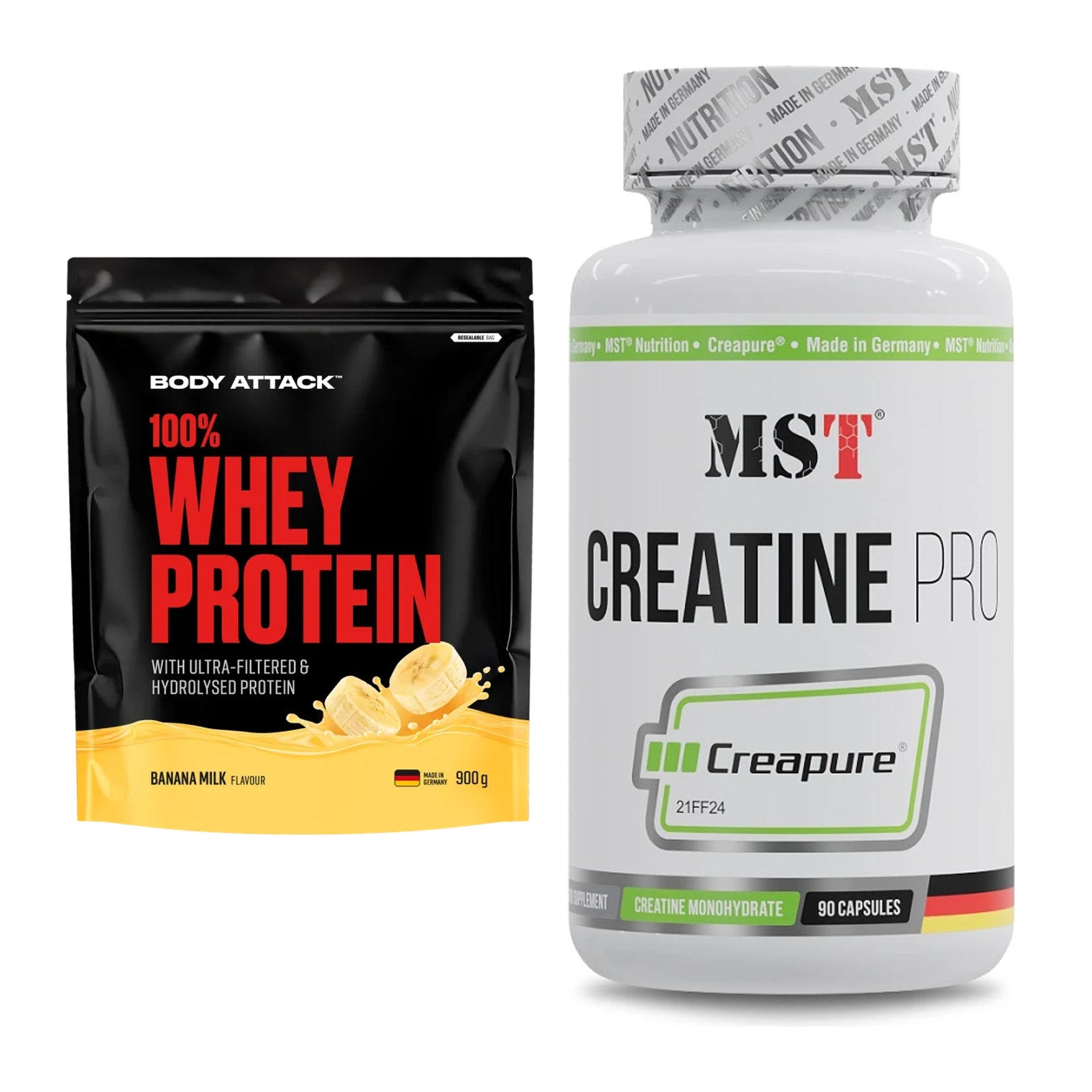 Muskelaufbau-Set: Body Attack 100% Whey + MST Creatine Pro – alle enthaltenen Artikel