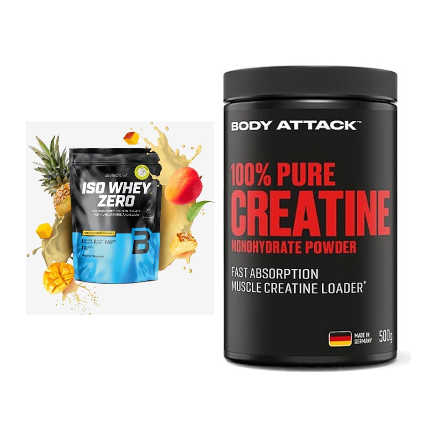 Muskelaufbau-Set: BioTech Iso Whey Zero + Body Attack 100% Pure – alle enthaltenen Artikel