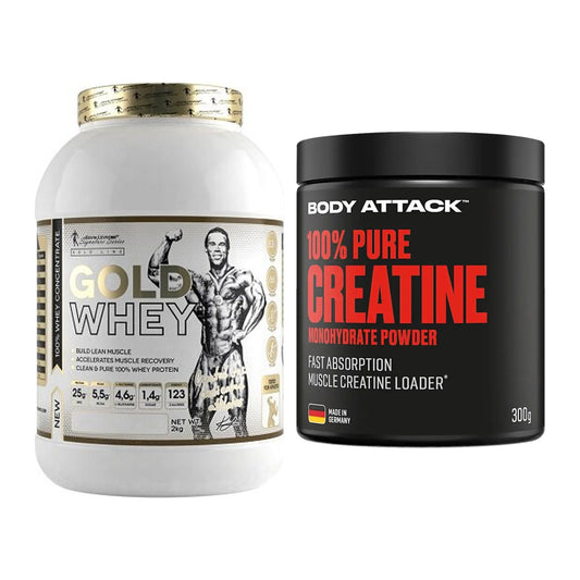 Muskelaufbau-Set: Kevin Levrone Gold Whey + Body Attack 100% Pure – alle enthaltenen Artikel