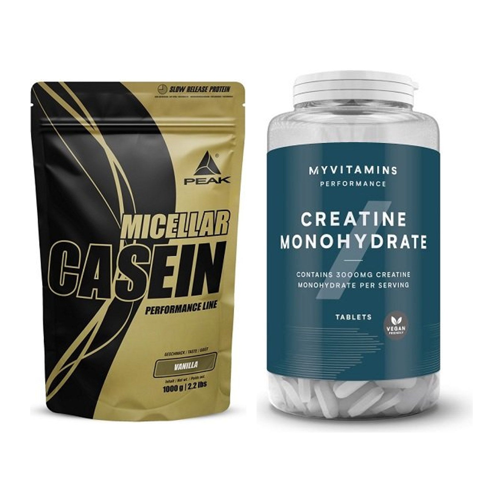 Muskelaufbau-Set: Peak Micellar Casein + MyProtein MyVitamins Creatine – alle enthaltenen Artikel