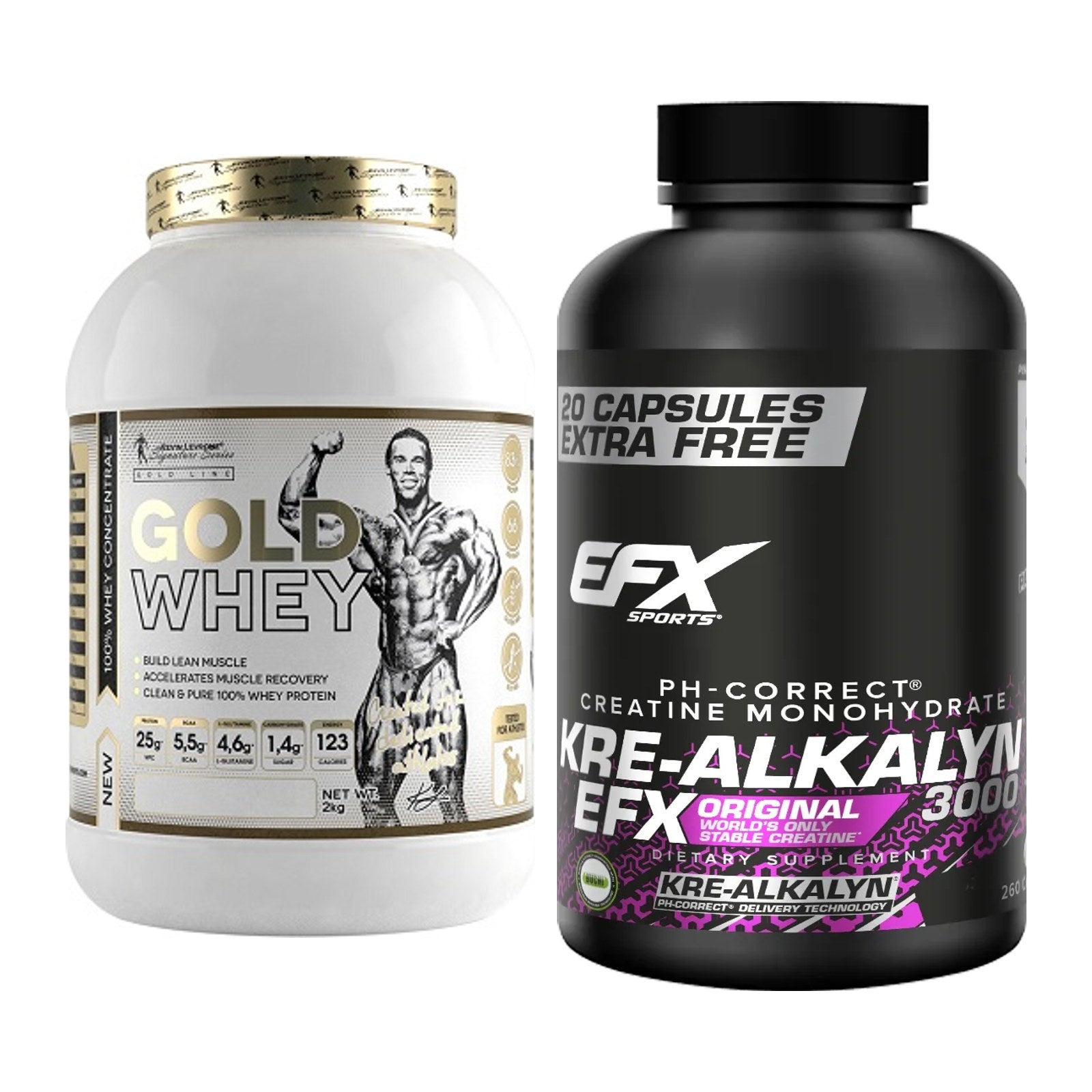 Muskelaufbau-Set: Kevin Levrone Gold Whey + EFX Kre-Alkalyn 3000 – alle enthaltenen Artikel