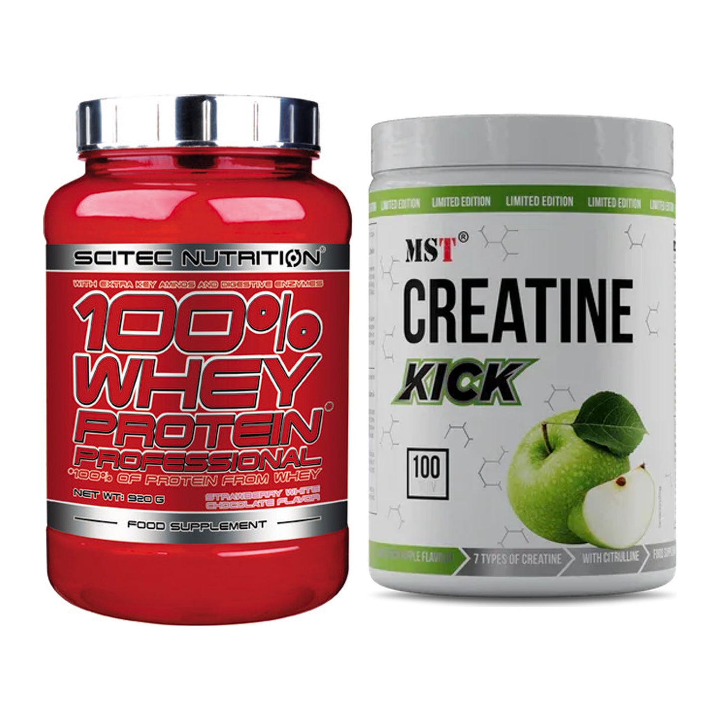 Muskelaufbau-Set: Scitec 100% Whey + MST Creatine Kick 1000g – alle enthaltenen Artikel