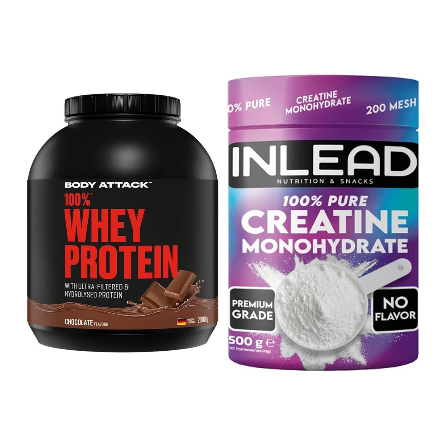 Muskelaufbau-Set: Body Attack 100% Whey + INLEAD Creatine – alle enthaltenen Artikel