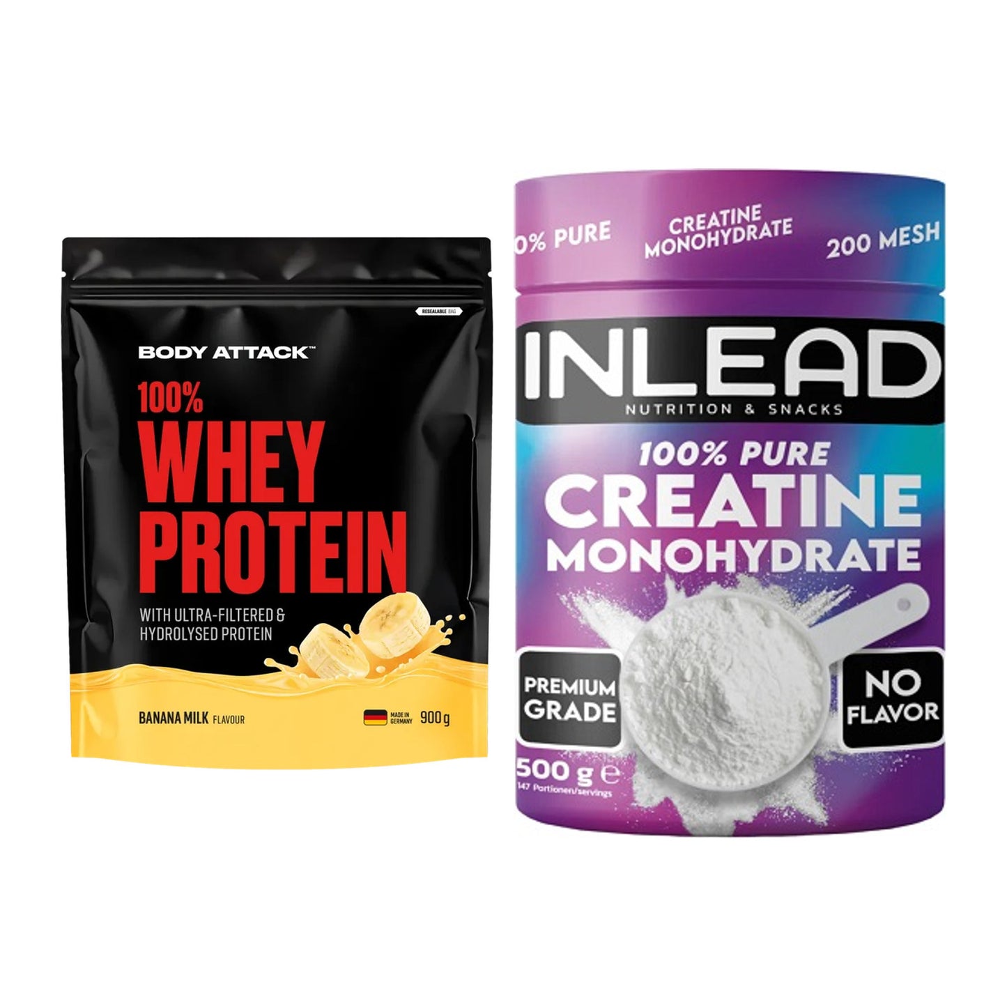 Muskelaufbau-Set: Body Attack 100% Whey + INLEAD Creatine – alle enthaltenen Artikel