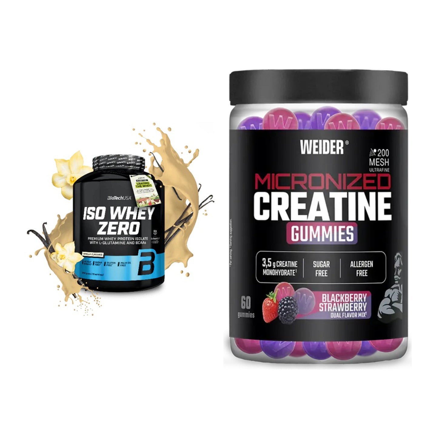Muskelaufbau-Set: BioTech Iso Whey Zero + Weider Micronized – alle enthaltenen Artikel
