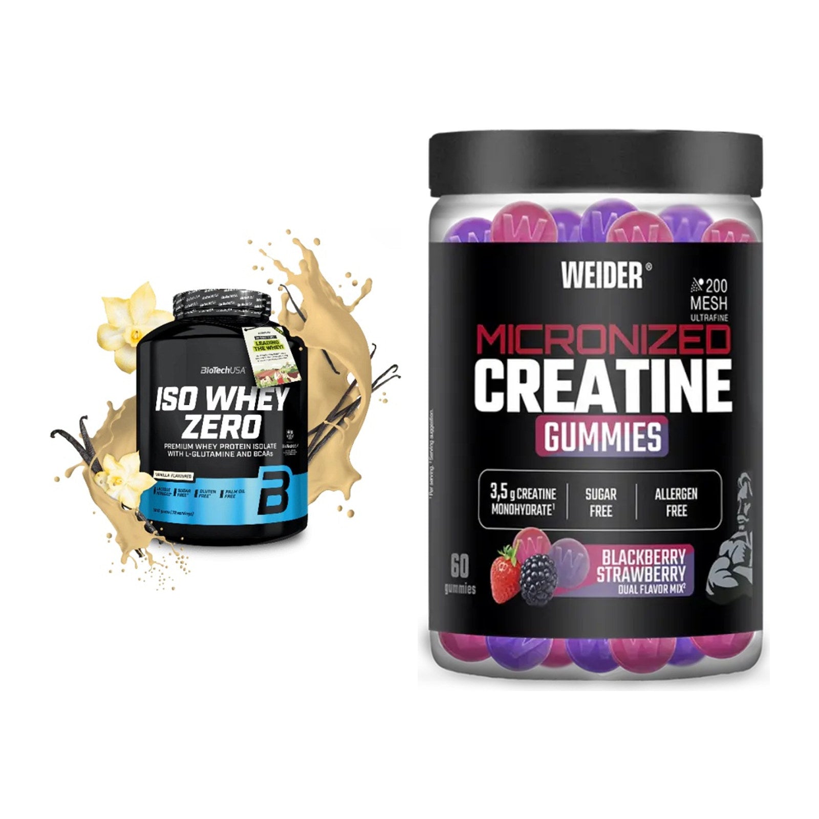Muskelaufbau-Set: BioTech Iso Whey Zero + Weider Micronized – alle enthaltenen Artikel