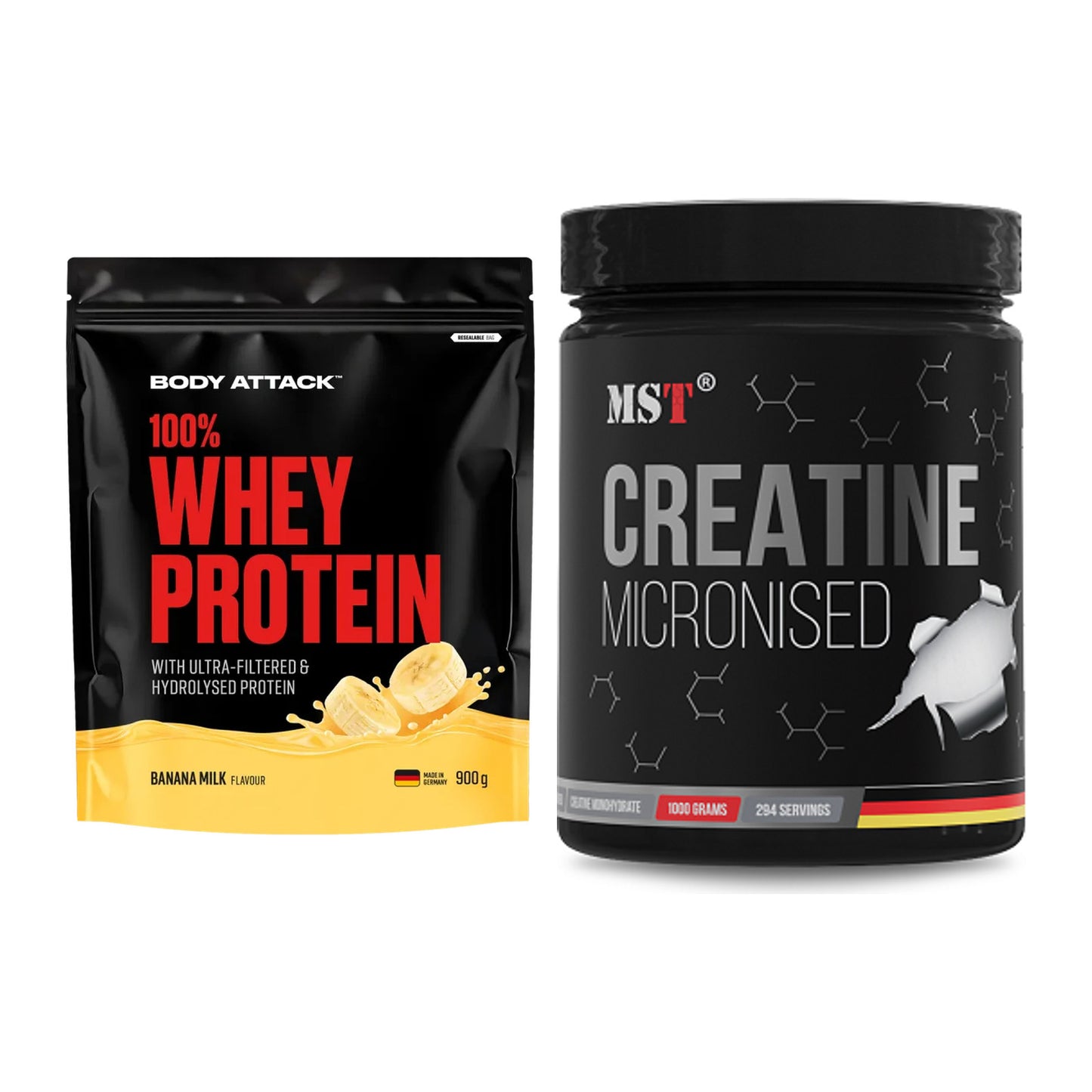 Muskelaufbau-Set: Body Attack 100% Whey + MST Creatin Monohydrate – alle enthaltenen Artikel