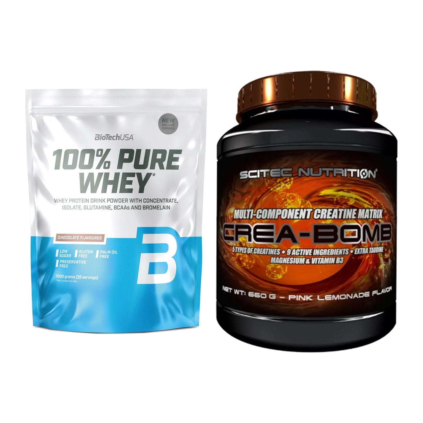 Muskelaufbau-Set: BioTech 100% Pure Whey + Scitec Crea-Bomb – alle enthaltenen Artikel