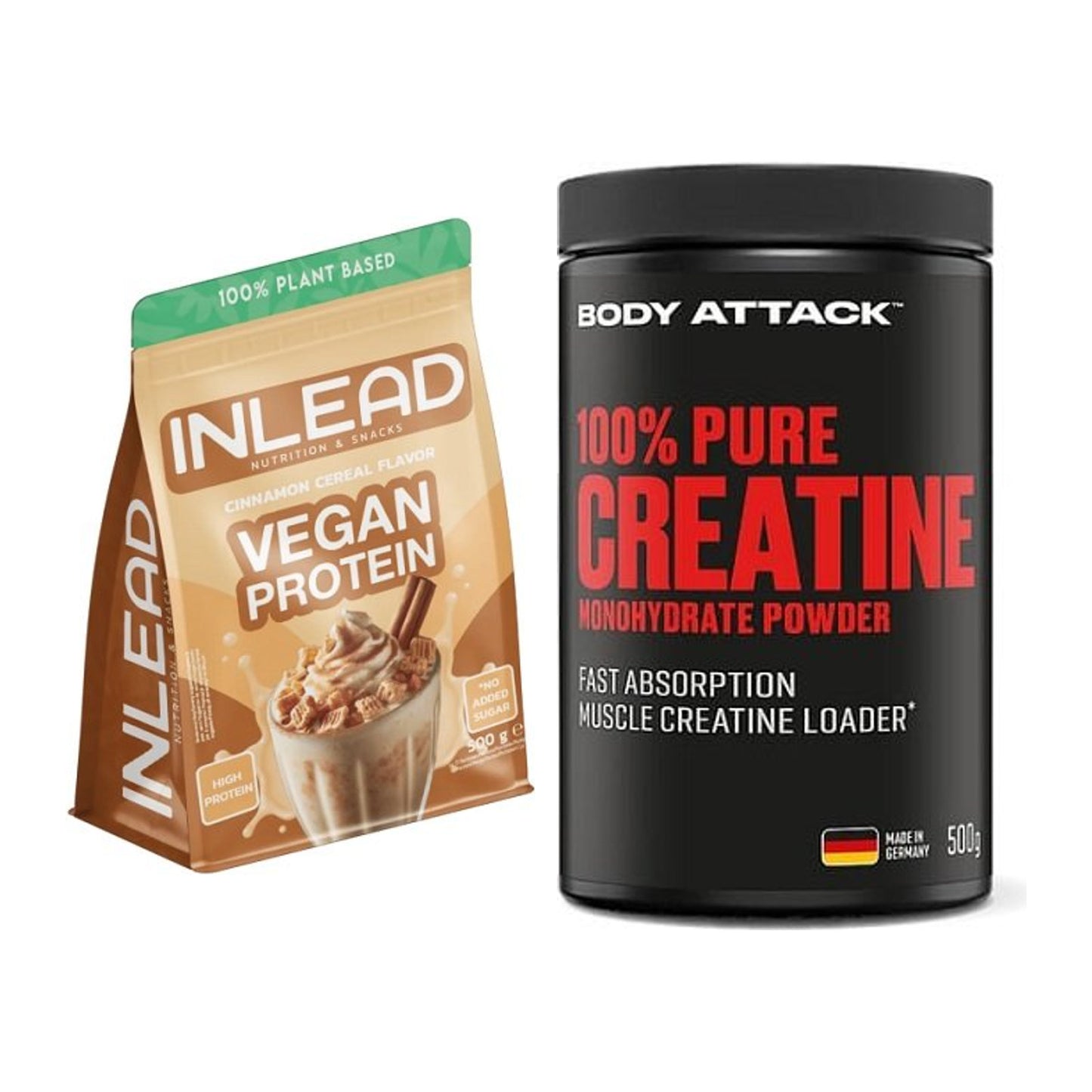 Σετ μυϊκής ανάπτυξης: INLEAD Vegan Protein + Body Attack 100% Pure – περιλαμβάνονται όλα τα είδη
