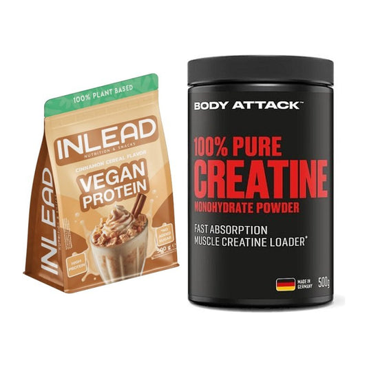 Zestaw do budowy mięśni: INLEAD Vegan Protein + Body Attack 100% Pure – wszystkie elementy w zestawie