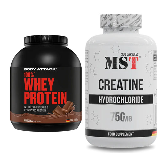 Muskelaufbau-Set: Body Attack 100% Whey Protein + MST Creatine HCL – alle enthaltenen Artikel