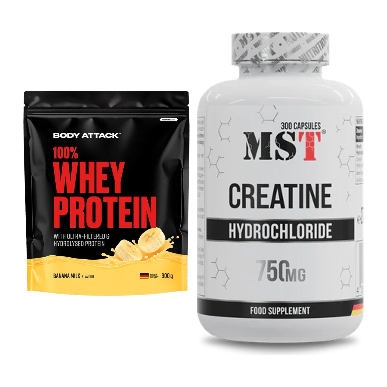 Muskelaufbau-Set: Body Attack 100% Whey Protein + MST Creatine HCL – alle enthaltenen Artikel