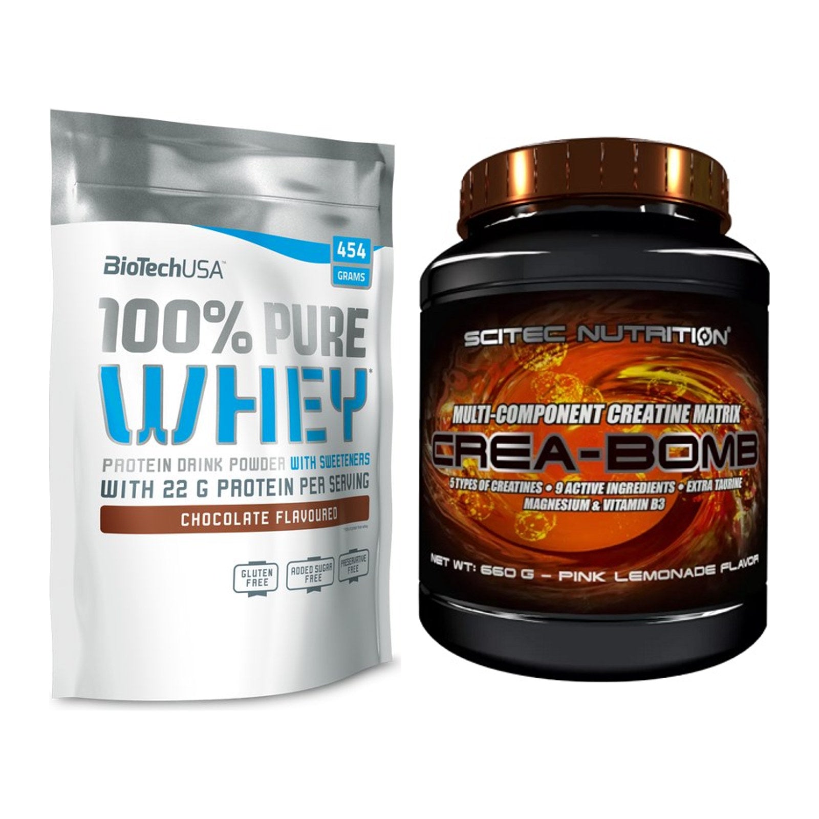 Muskelaufbau-Set: BioTech 100% Pure Whey + Scitec Crea-Bomb – alle enthaltenen Artikel