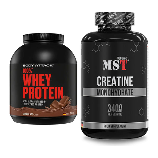 Muskelaufbau-Set: Body Attack 100% Whey + MST Creatine Monohydrate – alle enthaltenen Artikel