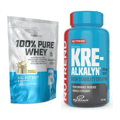 Muskelaufbau-Set: BioTech 100% Pure Whey + Nutrend Kre-Alkalyn – alle enthaltenen Artikel