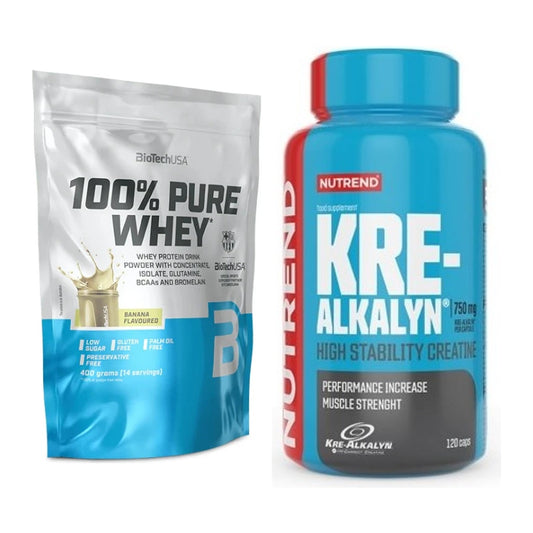 Muskelaufbau-Set: BioTech 100% Pure Whey + Nutrend Kre-Alkalyn – alle enthaltenen Artikel