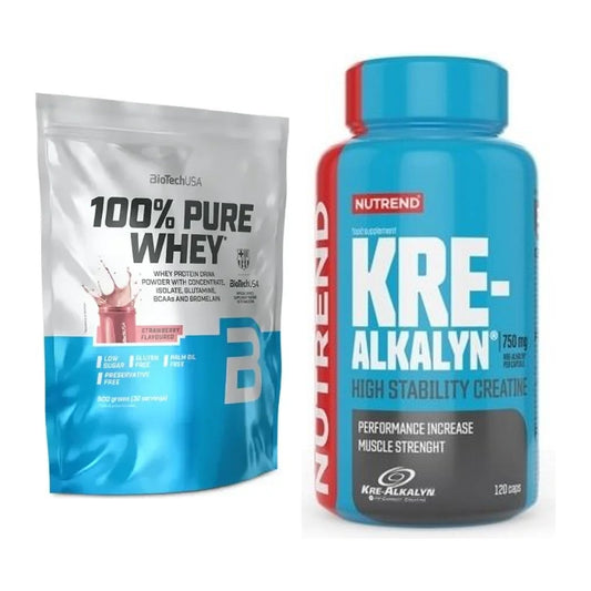 Muskelaufbau-Set: BioTech 100% Pure Whey 900g + Nutrend Kre-Alkalyn – alle enthaltenen Artikel
