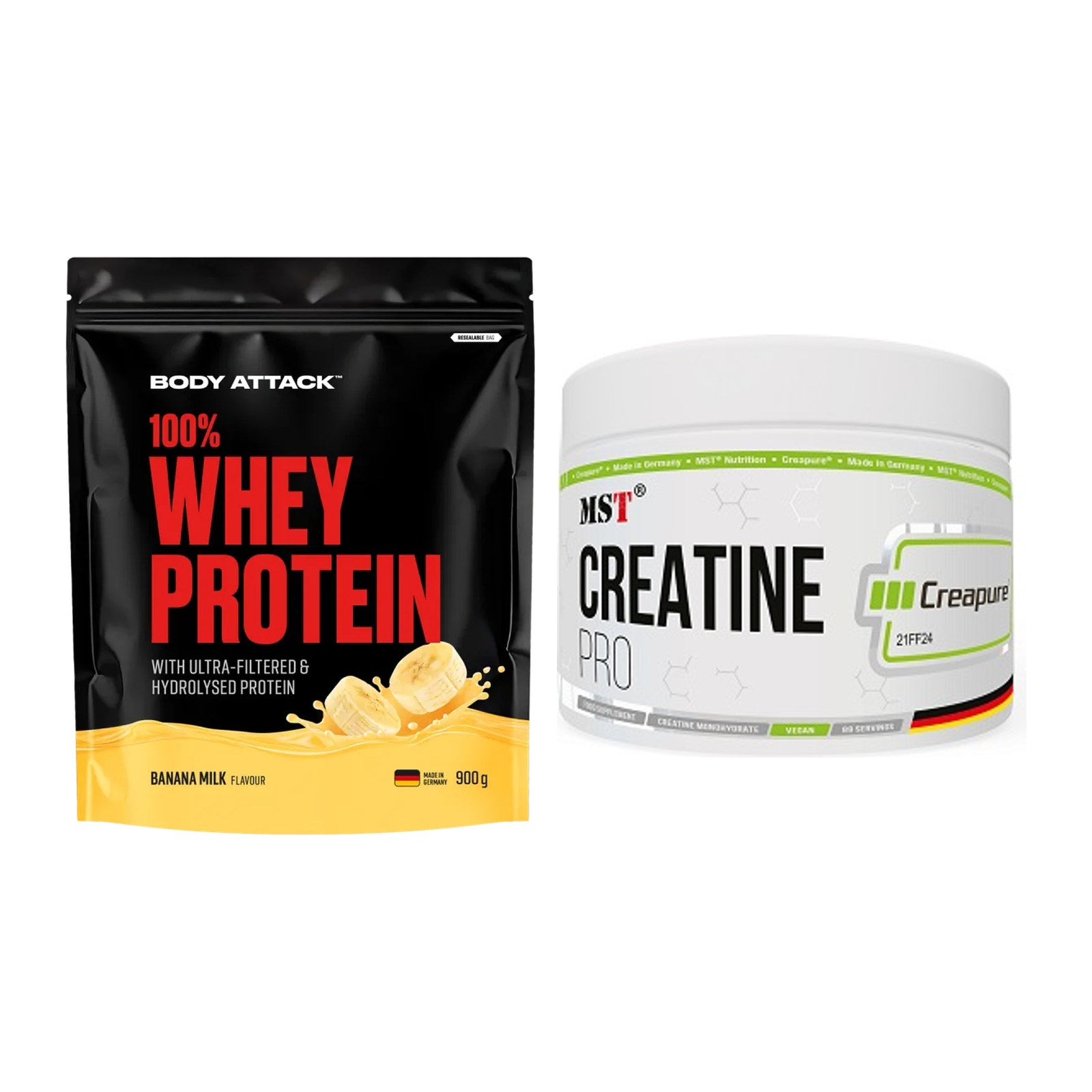 Muskelaufbau-Set: Body Attack 100% Whey + MST Creatin Pro CREAPURE – alle enthaltenen Artikel