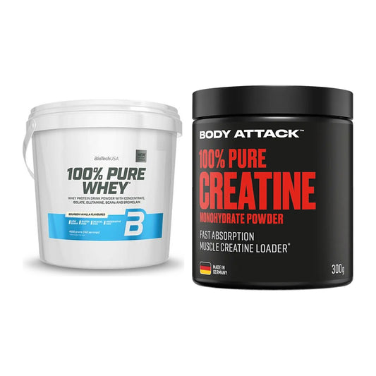 Muskelaufbau-Set: BioTech 100% Pure Whey + Body Attack 100% Pure – alle enthaltenen Artikel