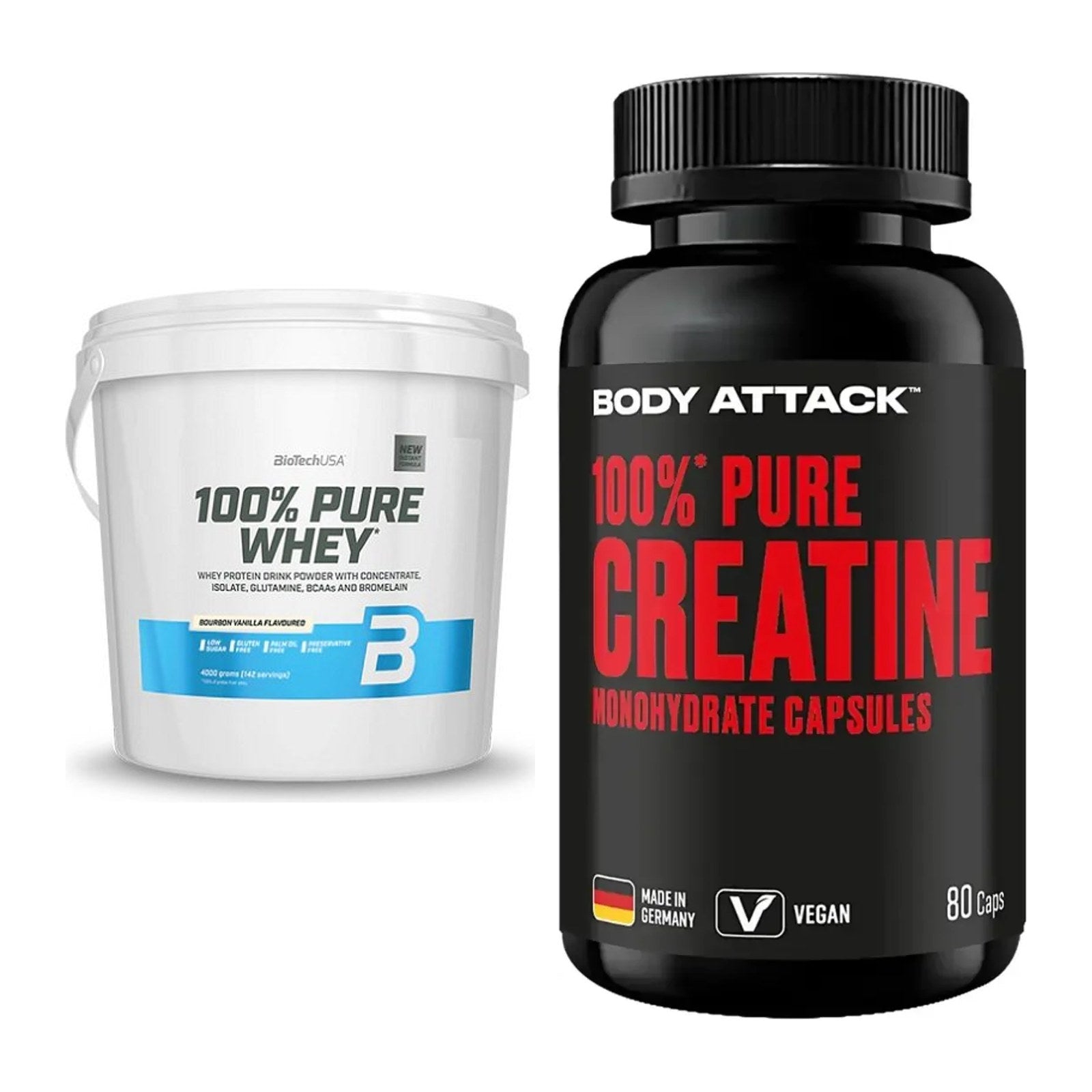 Muskelaufbau-Set: BioTech 100% Pure Whey + Body Attack 100% Pure – alle enthaltenen Artikel