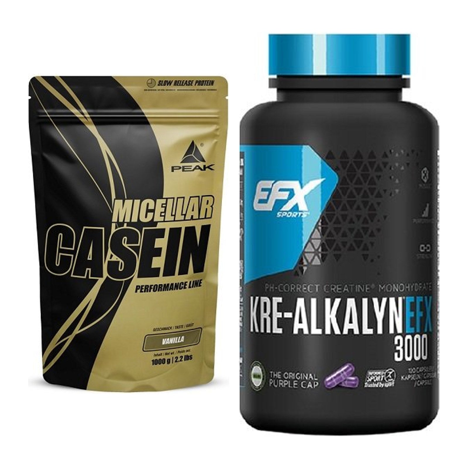 Muskelaufbau-Set: Peak Micellar Casein + EFX Kre-Alkalyn 3000 – alle enthaltenen Artikel