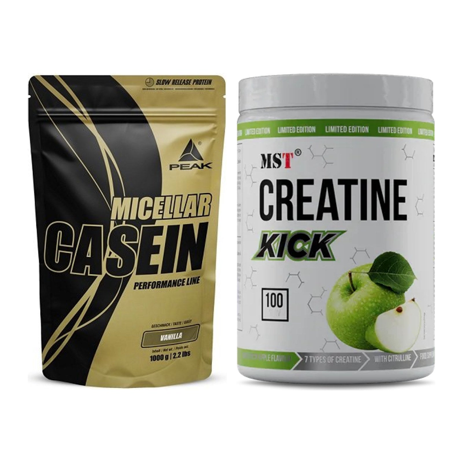 Muskelaufbau-Set: Peak Micellar Casein + MST Creatine Kick – alle enthaltenen Artikel