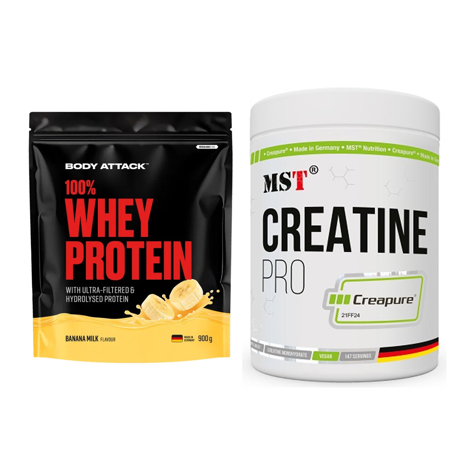 Muskelaufbau-Set: Body Attack 100% Whey + MST Creatin Pro CREAPURE – alle enthaltenen Artikel