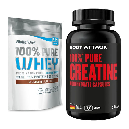 Muskelaufbau-Set: BioTech 100% Pure Whey + Body Attack 100% Pure – alle enthaltenen Artikel