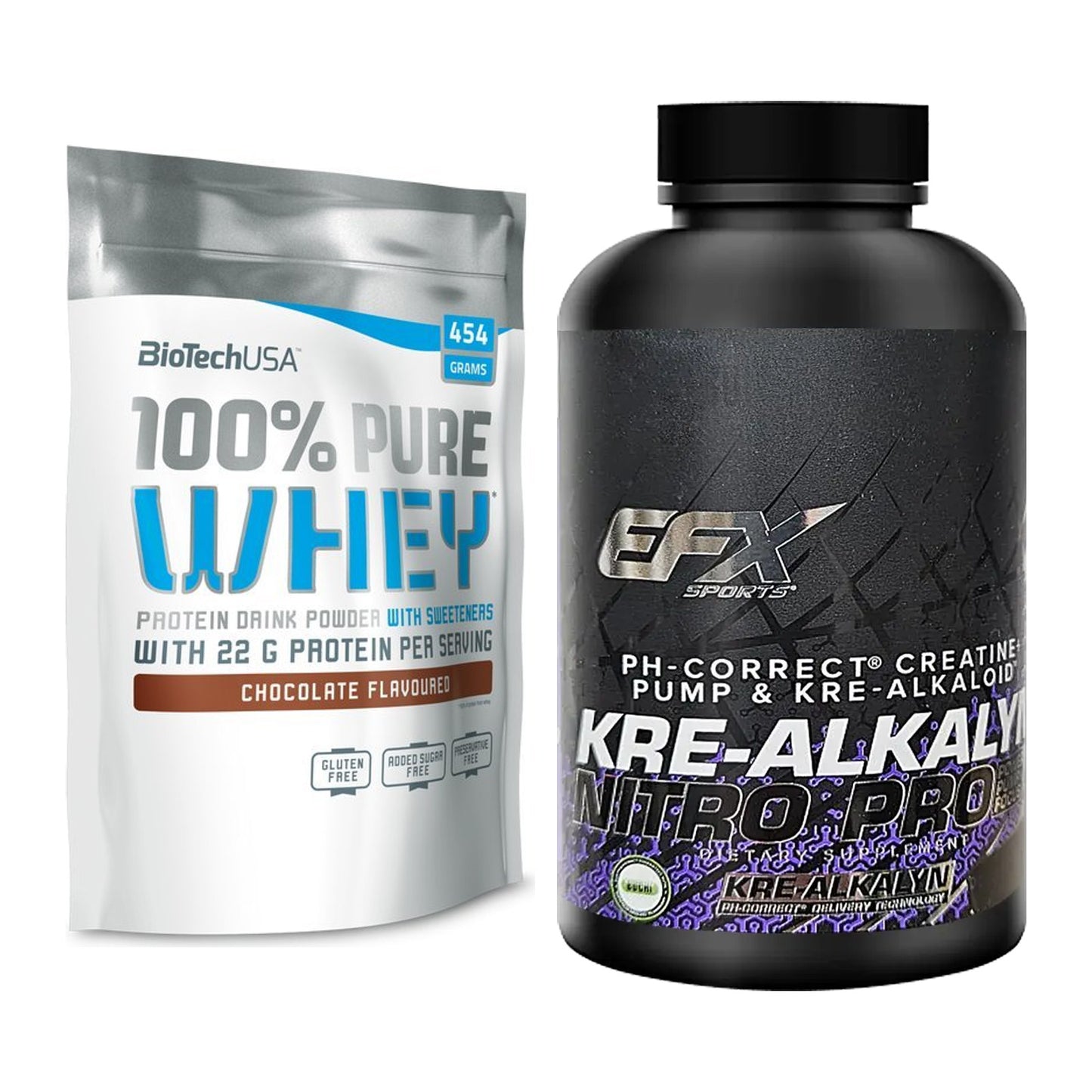 Muskelaufbau-Set: BioTech 100% Pure Whey + EFX Kre-Alkalyn Nitro PRO – alle enthaltenen Artikel