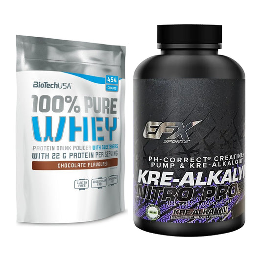 Muskelaufbau-Set: BioTech 100% Pure Whey + EFX Kre-Alkalyn Nitro PRO – alle enthaltenen Artikel
