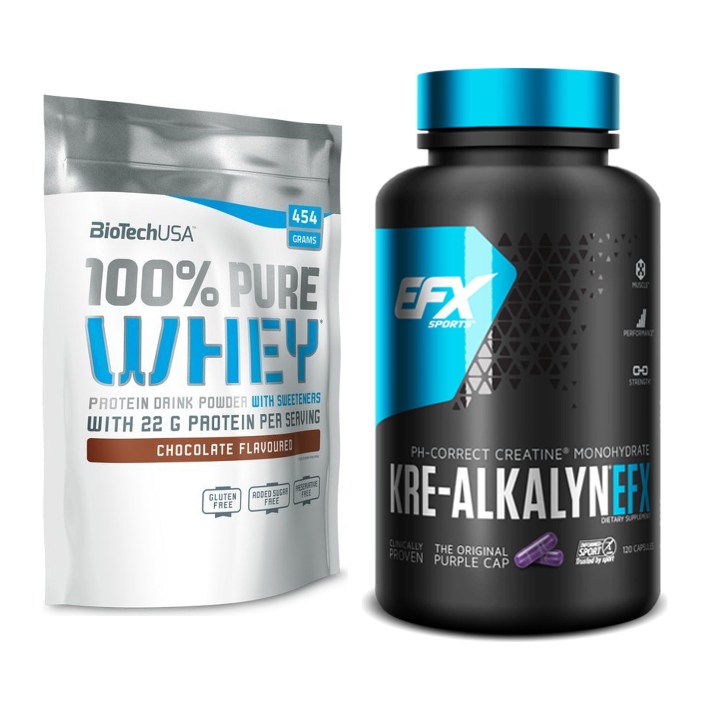 Muskelaufbau-Set: BioTech 100% Pure Whey + EFX Kre-Alkalyn – alle enthaltenen Artikel