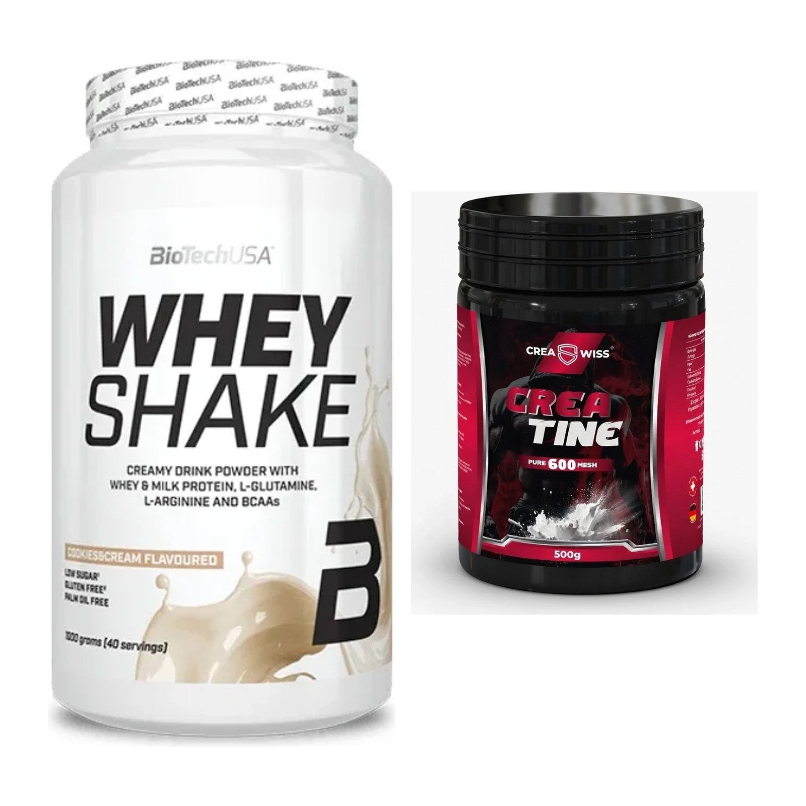 Muskelaufbau-Set: BioTech Whey Shake 1000g + CREASWISS Creatine 600 – alle enthaltenen Artikel