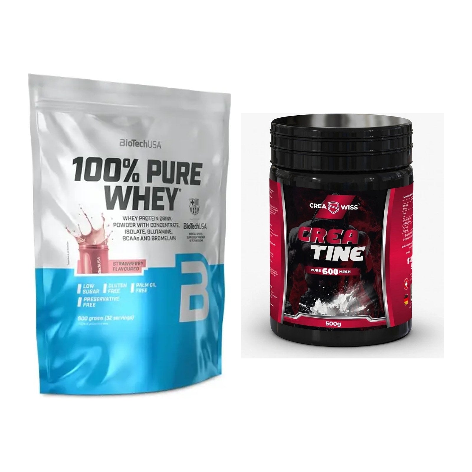 Muskelaufbau-Set: BioTech 100% Pure Whey + CREASWISS Creatine 600 Mesh – alle enthaltenen Artikel